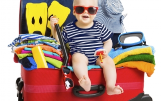 Baby Travel Vacation Suitcase. Kid in Packed Luggage, Family and Child Holiday