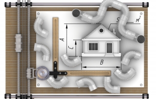The drawing board, drawing of the house, and and ventilation pipes (bends). The concept of calculation of ventilation of the house. Isolated